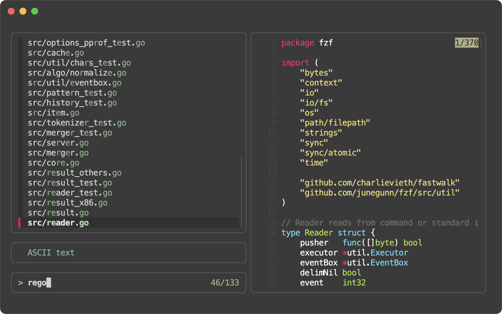 fzf running inside a terminal with filtered file results and a preview pane.
