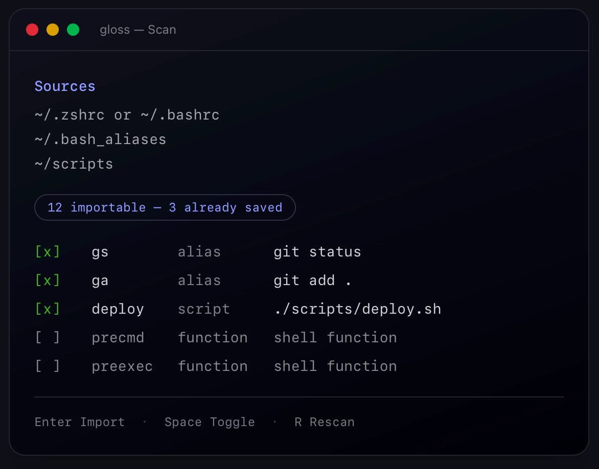 Gloss scan/import screen showing aliases and shell functions detected from zsh or bash config files.
